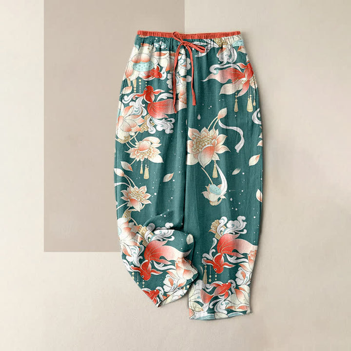 Buddha Stones Pure Cotton Lotus Red Koi Fish Pattern Women's Elastic Waist Pants With Pockets - DarkCyan - US16，UK/AU20，EU48 (3XL) - image 0