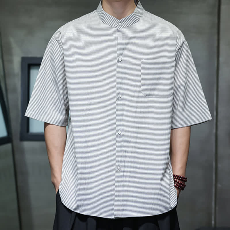 Buddha Stones Summer Casual Mandarin Collar Pinstripe Pattern Button Up Men's Short Sleeve Shirts - image 5