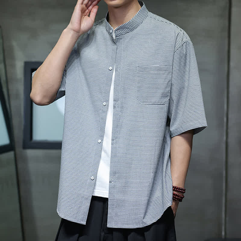 Buddha Stones Summer Casual Mandarin Collar Pinstripe Pattern Button Up Men's Short Sleeve Shirts - image 10