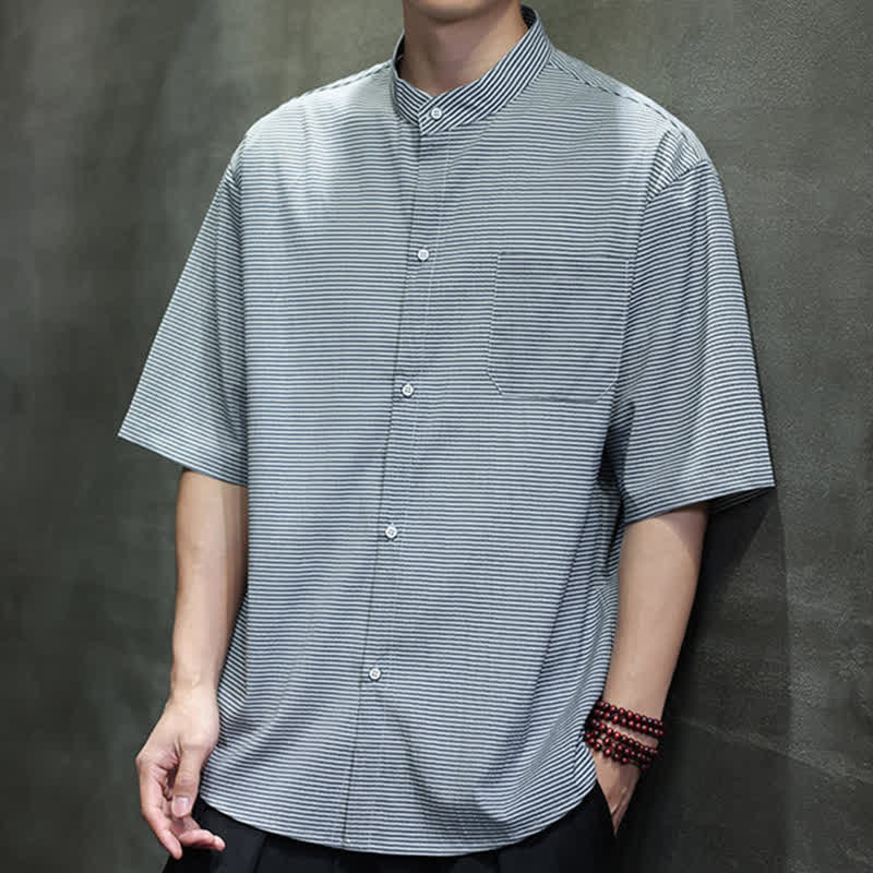 Buddha Stones Summer Casual Mandarin Collar Pinstripe Pattern Button Up Men's Short Sleeve Shirts - image 14