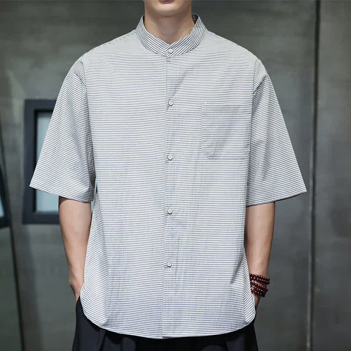 Buddha Stones Summer Casual Mandarin Collar Pinstripe Pattern Button Up Men's Short Sleeve Shirts - image 2