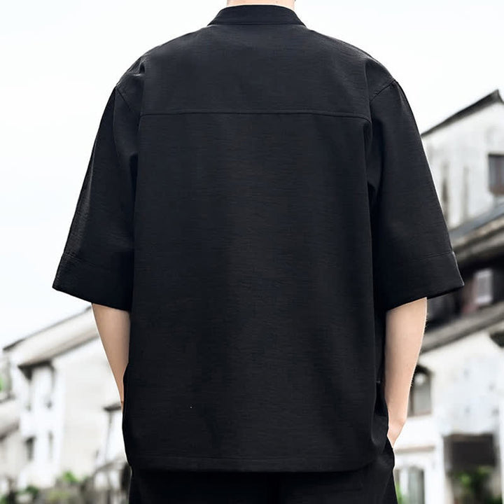 Buddha Stones Summer Tang Style Frog Button Solid Men's Short Sleeve Shirts - image 1