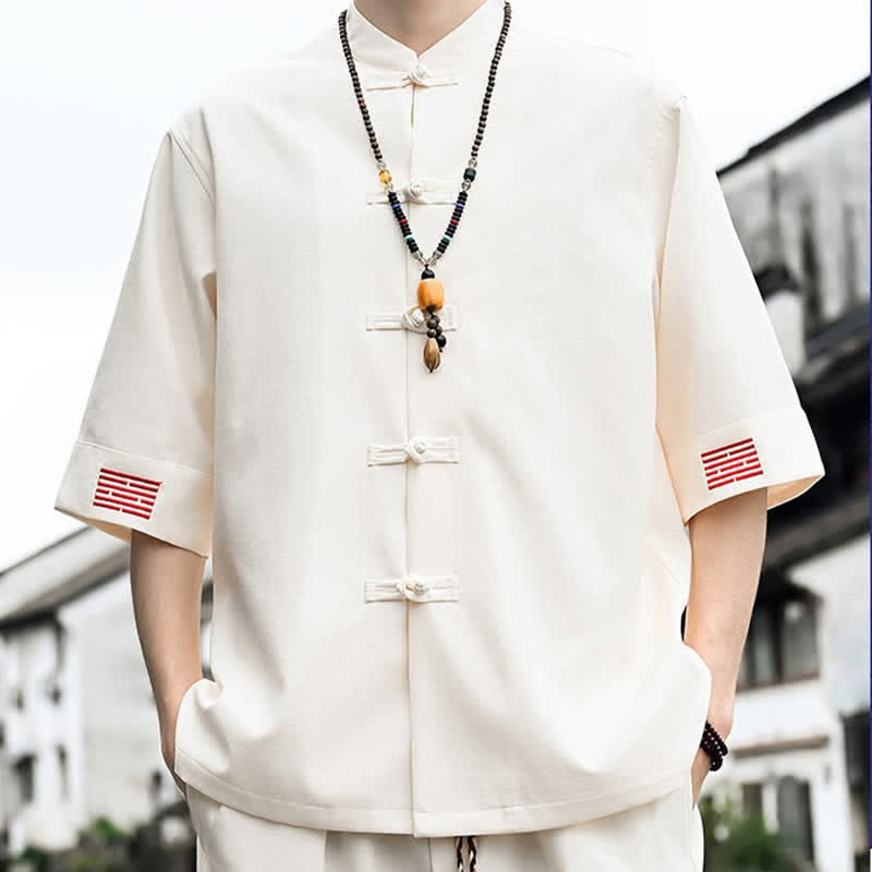 Buddha Stones Summer Tang Style Frog Button Solid Men's Short Sleeve Shirts - image 9
