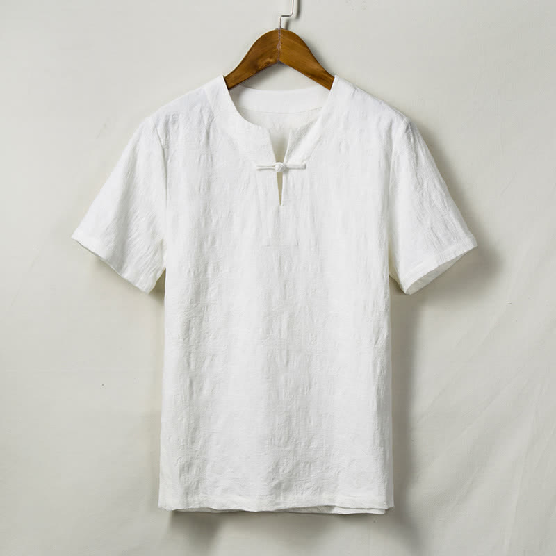 Buddha Stones Summer Tang Style One Frog Button Solid Leaf Texture Men's Short Sleeve Shirts - White - US/UK/AU44，EU54 (4XL) - image 2