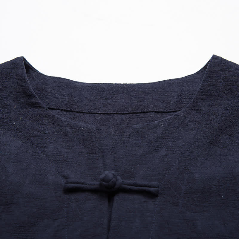 Buddha Stones Summer Tang Style One Frog Button Solid Leaf Texture Men's Short Sleeve Shirts - image 6