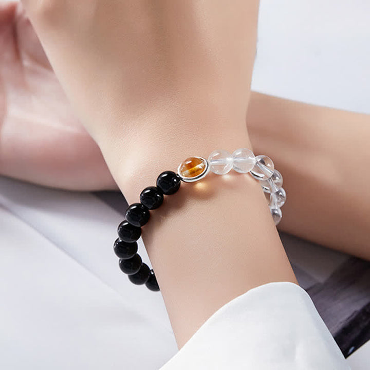 Buddha Stones Clear Quartz Black Obsidian Protection Bracelet - image 4