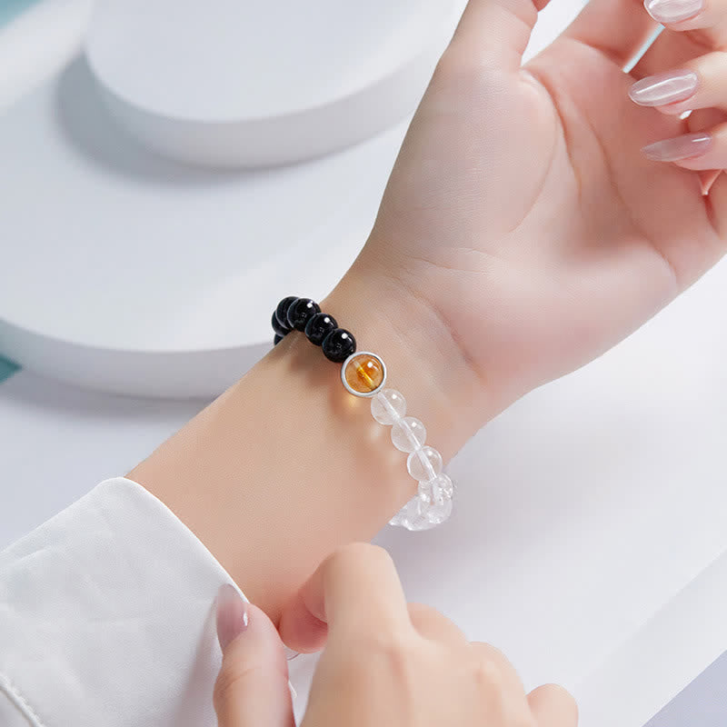 Buddha Stones Clear Quartz Black Obsidian Protection Bracelet - image 3