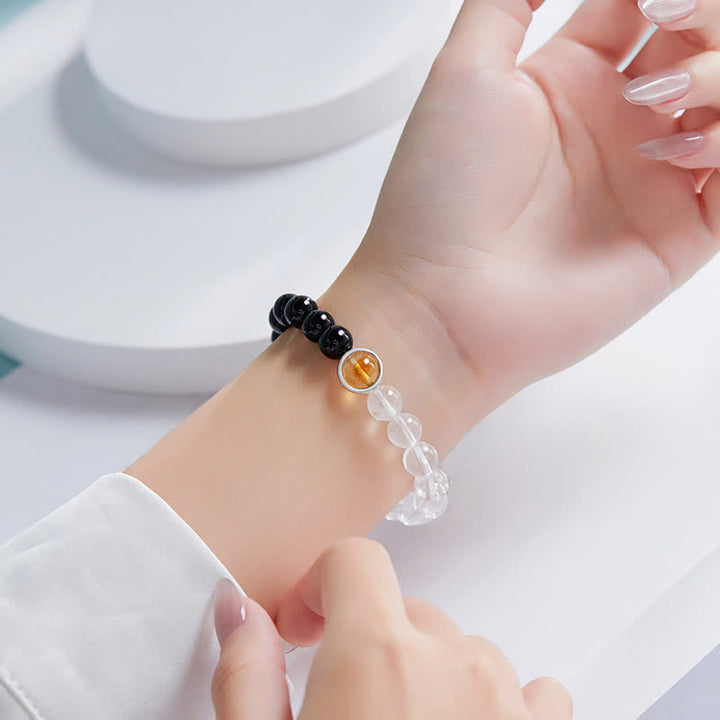 Buddha Stones Clear Quartz Black Obsidian Protection Bracelet - image 3