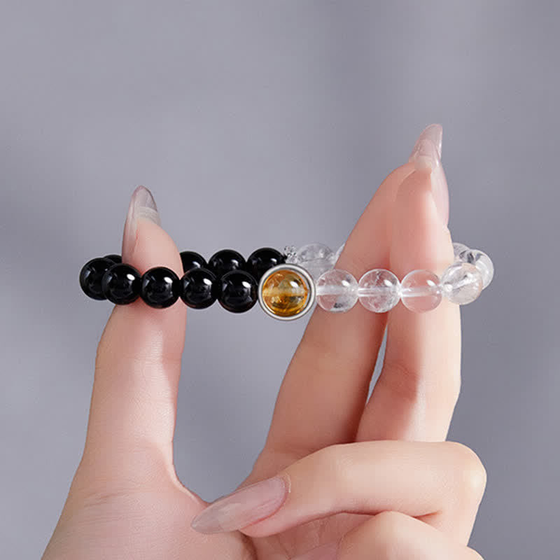 Buddha Stones Clear Quartz Black Obsidian Protection Bracelet - image 2
