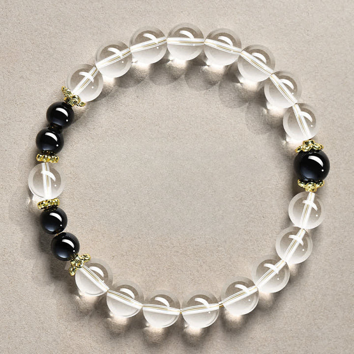 Buddha Stones Natural Clear Quartz Beaded Healing Bracelet - 8mm Clear Quartz Black Obsidian(Wrist Circumference:15–16 cm) - image 0