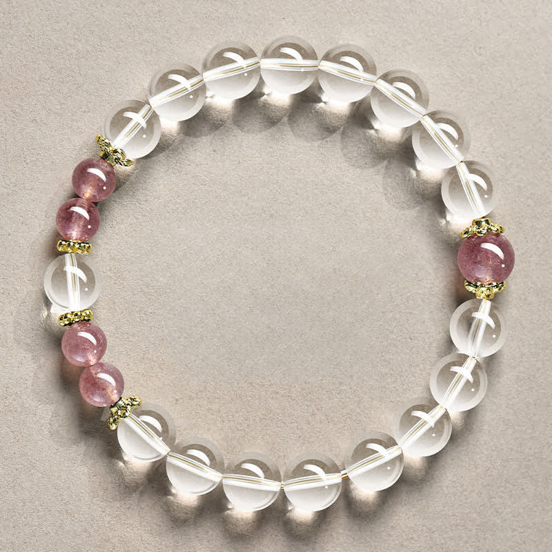 Buddha Stones Natural Clear Quartz Beaded Healing Bracelet - 8mm Clear Quartz Strawberry Quartz(Wrist Circumference:15–16 cm) - image 9