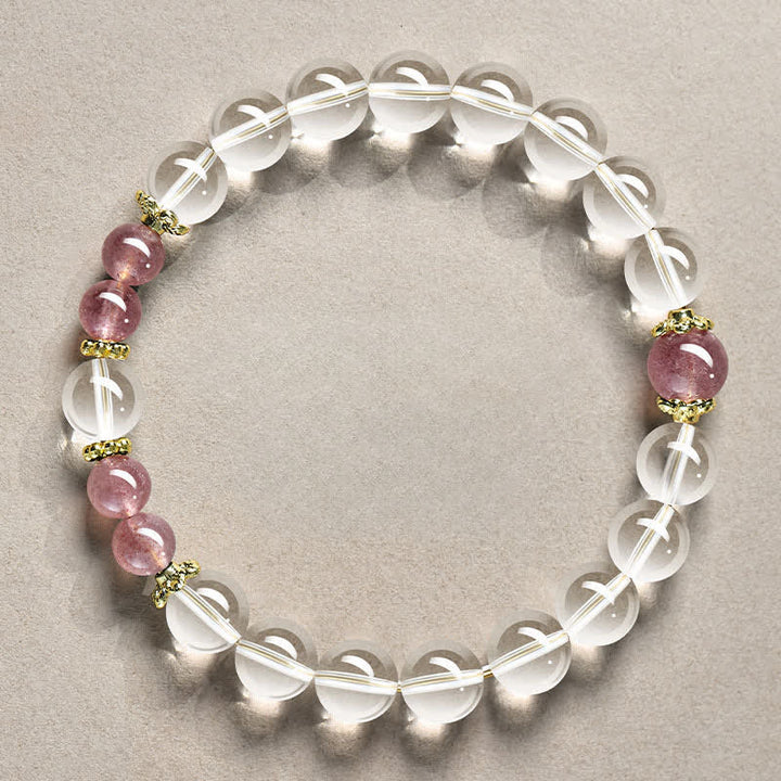 Buddha Stones Natural Clear Quartz Beaded Healing Bracelet - 8mm Clear Quartz Strawberry Quartz(Wrist Circumference:15–16 cm) - image 9