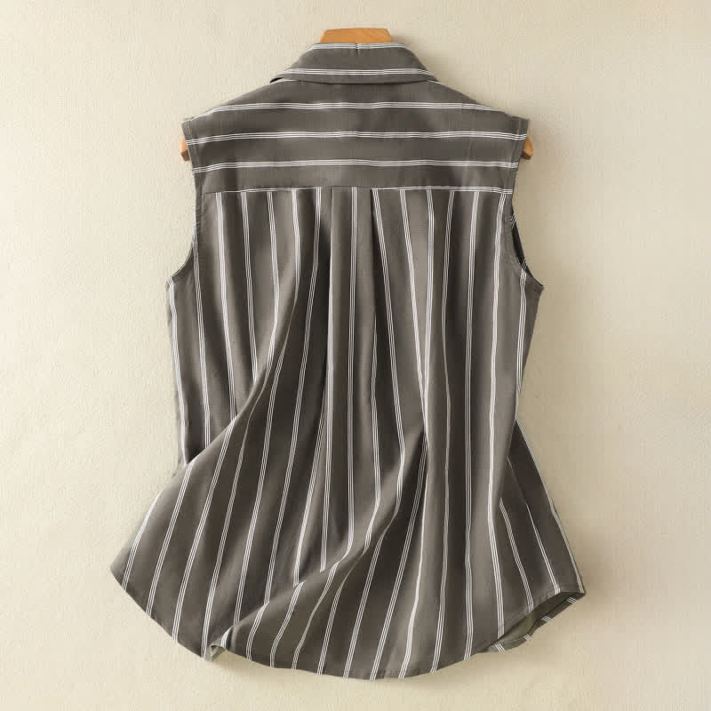 Buddha Stones Summer Vintage Button-Up Striped Women's Sleeveless Shirts With Patch Pocket - image 1
