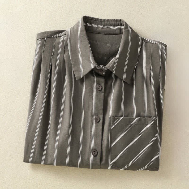 Buddha Stones Summer Vintage Button-Up Striped Women's Sleeveless Shirts With Patch Pocket - image 2