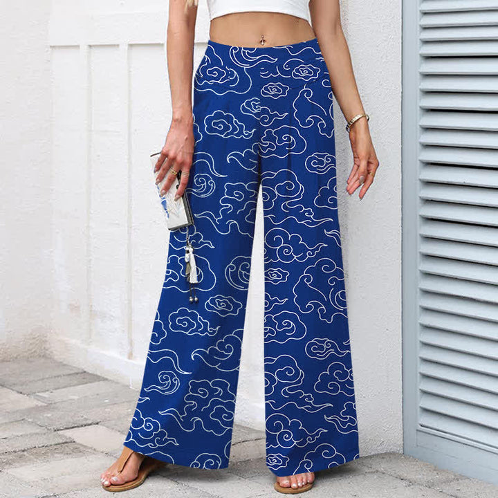 Buddha Stones Cotton Linen Cloud Pattern Women's Elastic Waist Wide Leg Pants With Pockets - image 1