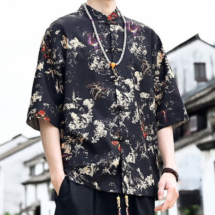 Buddha Stones Summer Tang Style Frog Button Floral Leaves Butterfly Print Men's Elbow-Length Sleeve Shirt With Chest Pocket - image 5