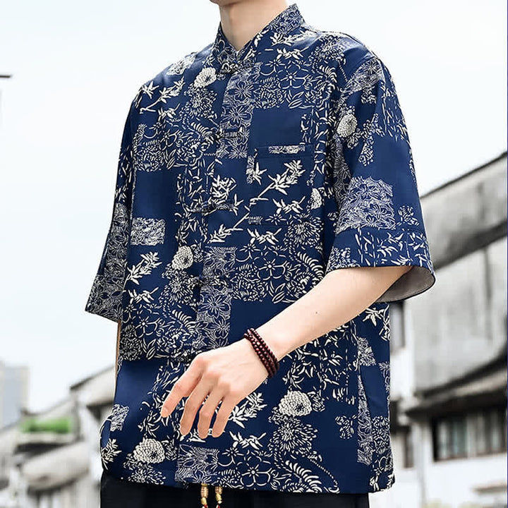 Buddha Stones Summer Tang Style Frog Button Floral Leaves Butterfly Print Men's Elbow-Length Sleeve Shirt With Chest Pocket - image 11