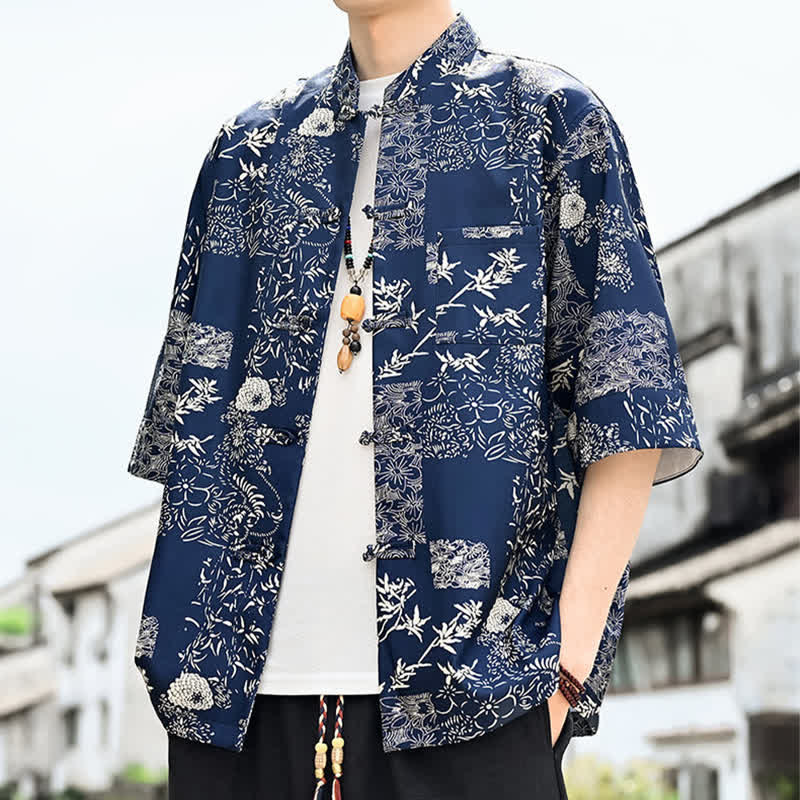 Buddha Stones Summer Tang Style Frog Button Floral Leaves Butterfly Print Men's Elbow-Length Sleeve Shirt With Chest Pocket - MidnightBlue - US/UK/AU46，EU56 (5XL) - image 6
