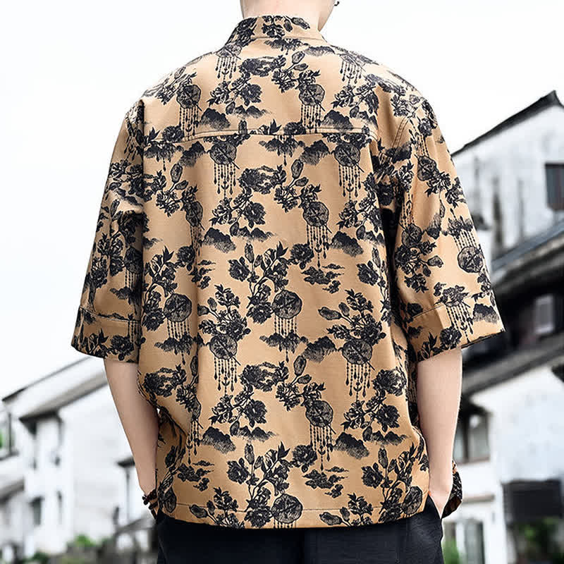 Buddha Stones Summer Tang Style Frog Button Floral Leaves Butterfly Print Men's Elbow-Length Sleeve Shirt With Chest Pocket - image 14