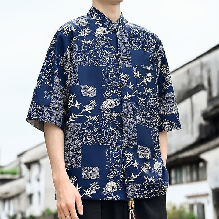 Buddha Stones Summer Tang Style Frog Button Floral Leaves Butterfly Print Men's Elbow-Length Sleeve Shirt With Chest Pocket - image 8