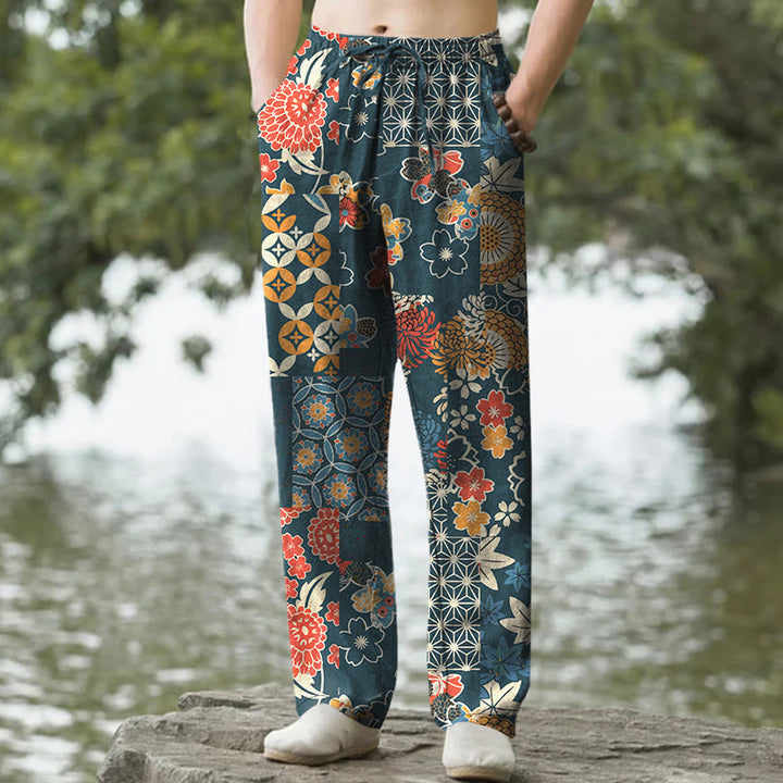 Buddha Stones Cotton Bohemian Floral Patchwork Pattern Men's Tapered Pants With Pockets - Teal - US/UK/AU50，EU60 (5XL) - image 6
