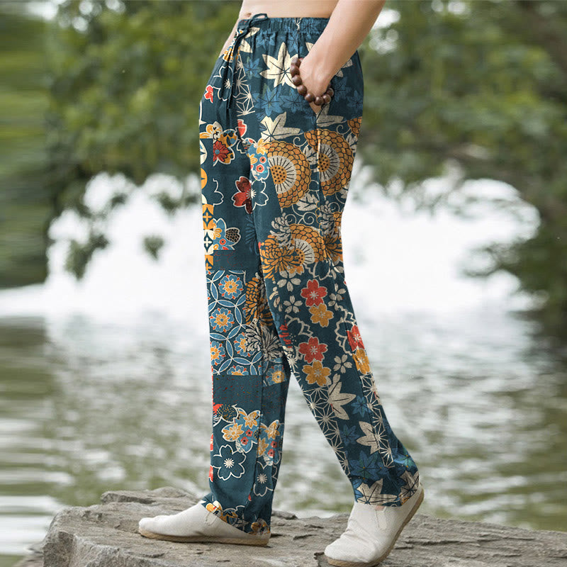 Buddha Stones Cotton Bohemian Floral Patchwork Pattern Men's Tapered Pants With Pockets - image 7