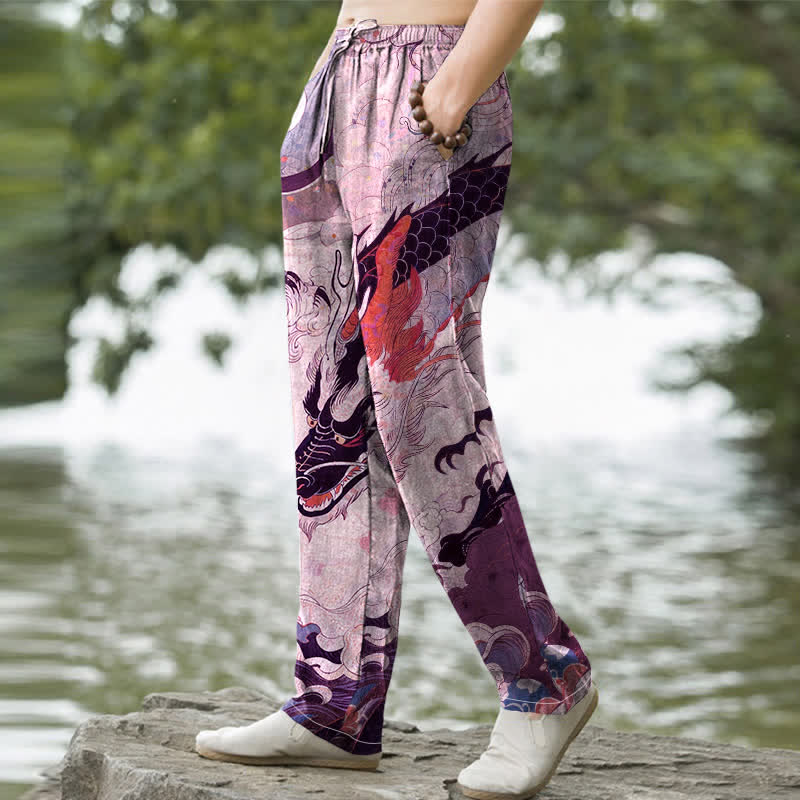 Buddha Stones Cotton Oriental Dragon Wave Pattern Men's Tapered Pants With Pockets - image 7