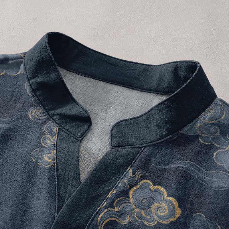 Buddha Stones Cotton Auspicious Cloud Pattern Men's Short Sleeve Half Button Shirt - image 2