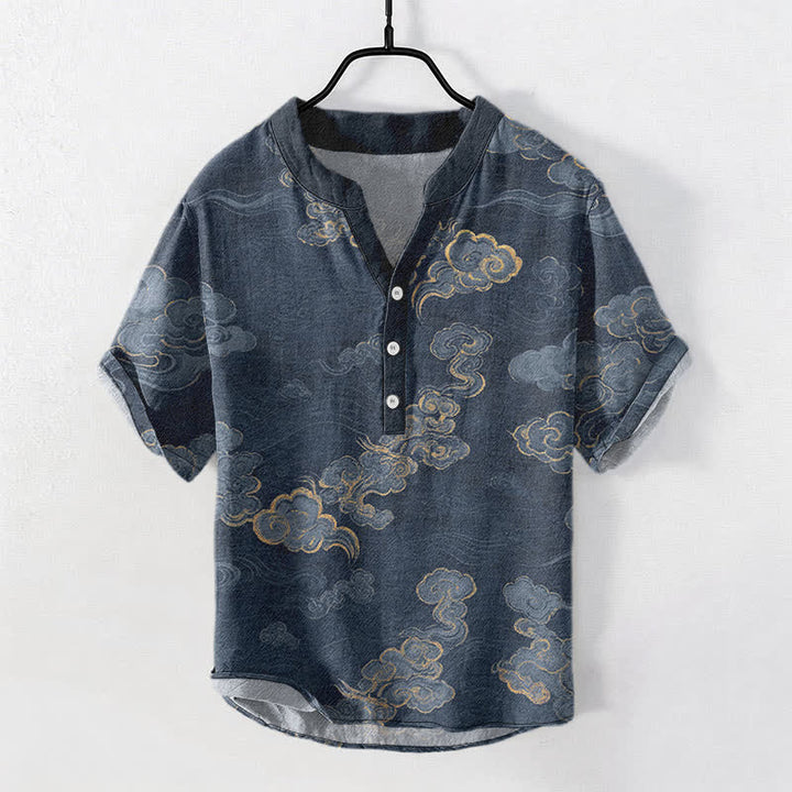 Buddha Stones Cotton Auspicious Cloud Pattern Men's Short Sleeve Half Button Shirt - Navy - US/UK/AU50，EU60 (5XL) - image 0