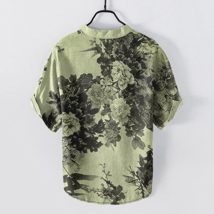 Buddha Stones Cotton Ink Floral Pattern Men's Short Sleeve Half Button Shirt - image 8