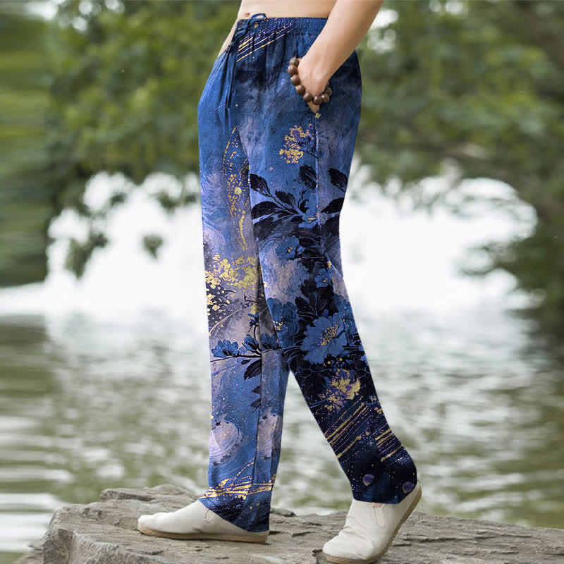 Buddha Stones Cotton Floral Starlight Pattern Men's Tapered Pants With Pockets - image 1