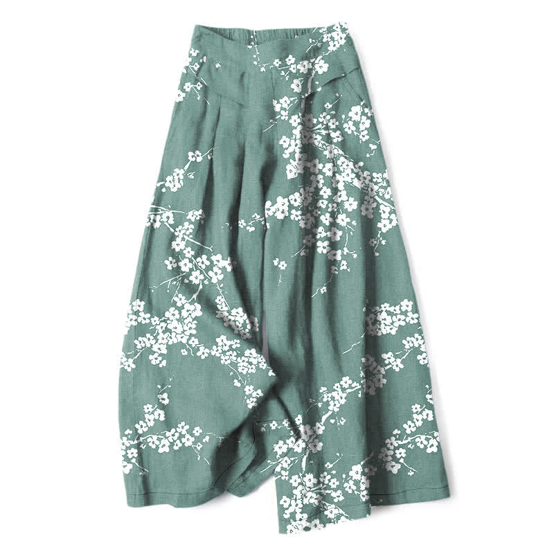 Buddha Stones Cotton Linen White Sakura Branch Pattern Women's Elastic Waist Wide Leg Pants With Pockets - MediumAquamarine - US16，UK/AU20，EU48 (3XL) - image 4