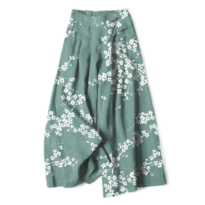 Buddha Stones Cotton Linen White Sakura Branch Pattern Women's Elastic Waist Wide Leg Pants With Pockets - MediumAquamarine - US16，UK/AU20，EU48 (3XL) - image 4