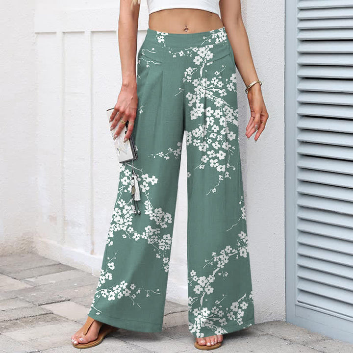 Buddha Stones Cotton Linen White Sakura Branch Pattern Women's Elastic Waist Wide Leg Pants With Pockets - image 5
