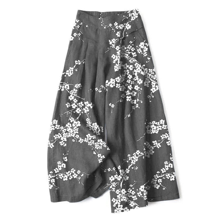 Buddha Stones Cotton Linen White Sakura Branch Pattern Women's Elastic Waist Wide Leg Pants With Pockets - DimGray - US16，UK/AU20，EU48 (3XL) - image 6