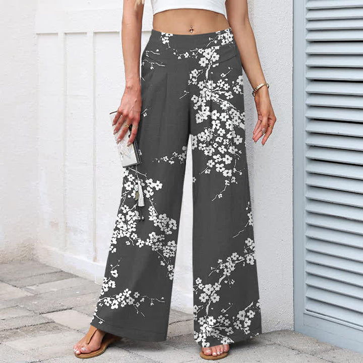 Buddha Stones Cotton Linen White Sakura Branch Pattern Women's Elastic Waist Wide Leg Pants With Pockets - image 7