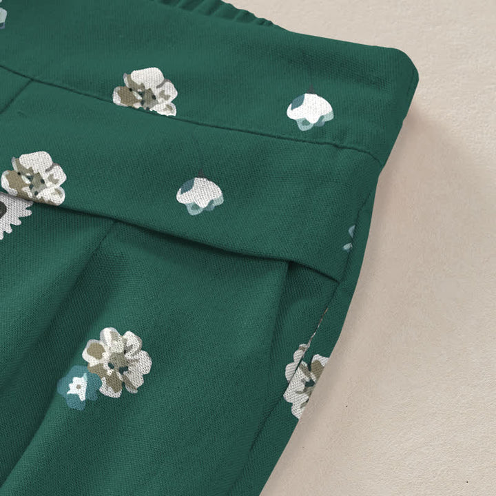 Buddha Stones Cotton Linen Vintage Daisy Floral Pattern Women's Elastic Waist Wide Leg Pants With Pockets - image 2