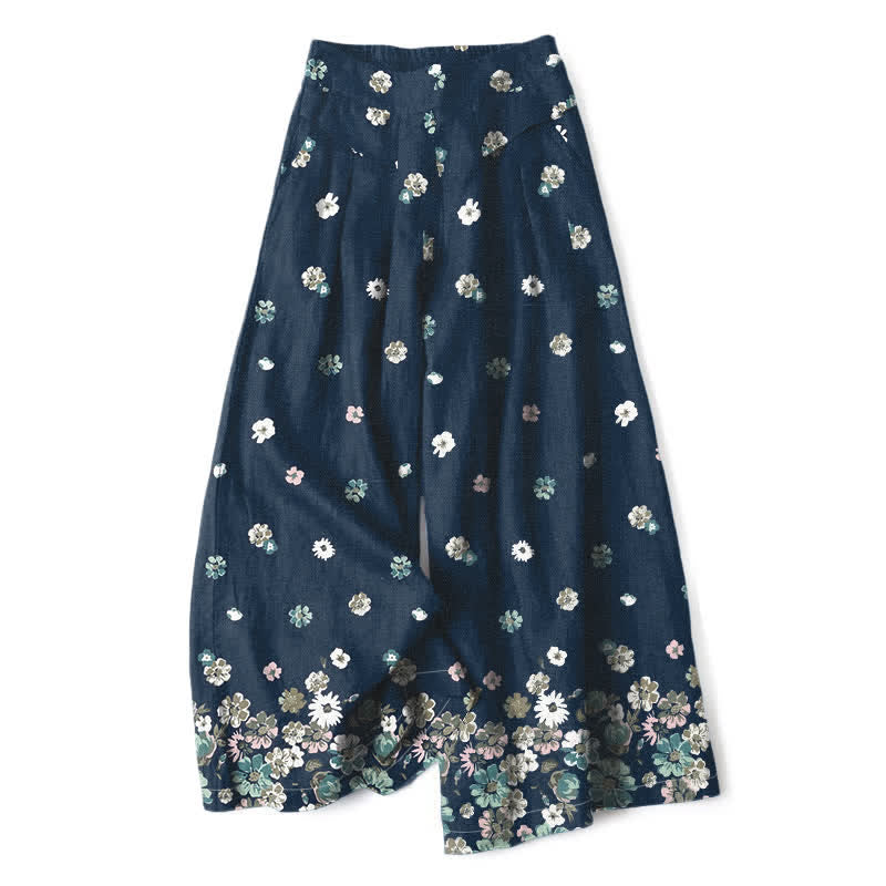 Buddha Stones Cotton Linen Vintage Daisy Floral Pattern Women's Elastic Waist Wide Leg Pants With Pockets - Navy - US16，UK/AU20，EU48 (3XL) - image 4