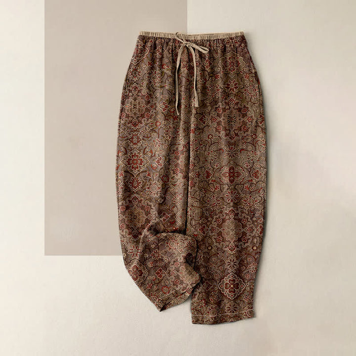 Buddha Stones Pure Cotton Bohemian Floral Pattern Women's Elastic Waist Pants With Pockets - SaddleBrown - US16，UK/AU20，EU48 (3XL) - image 4