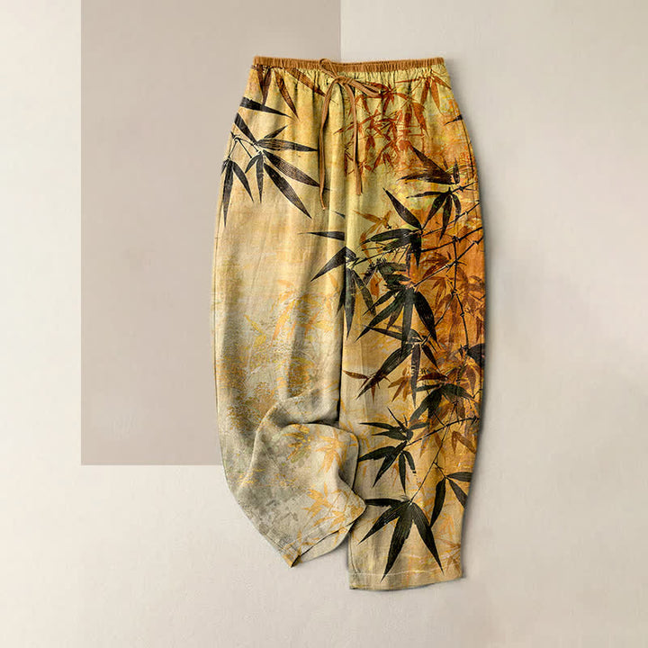 Buddha Stones Pure Cotton Ink Bamboo Pattern Women's Elastic Waist Pants With Pockets - Gold - US16，UK/AU20，EU48 (3XL) - image 3