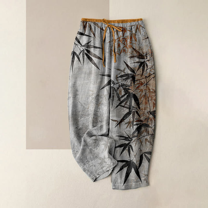 Buddha Stones Pure Cotton Ink Bamboo Pattern Women's Elastic Waist Pants With Pockets - LightGrey - US16，UK/AU20，EU48 (3XL) - image 4
