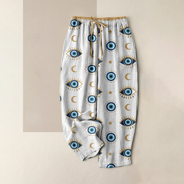 Buddha Stones Pure Cotton Mystic Evil Eye Pattern Women's Elastic Waist Pants With Pockets - White - US16，UK/AU20，EU48 (3XL) - image 3