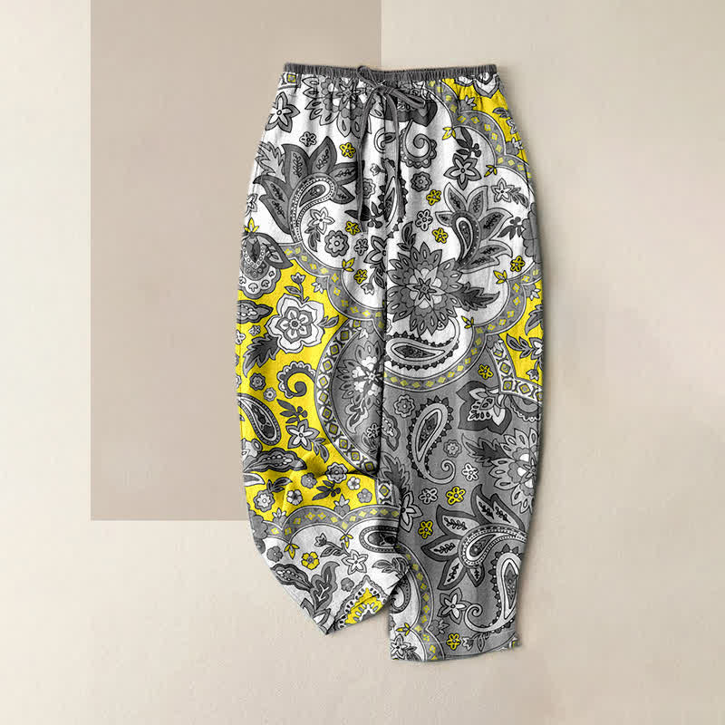 Buddha Stones Pure Cotton Bohemian Paisley Floral Pattern Women's Elastic Waist Pants With Pockets - Yellow - US16，UK/AU20，EU48 (3XL) - image 4
