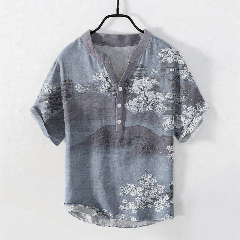 Buddha Stones Cotton Mountain Blossom Pattern Men's Short Sleeve Half Button Shirt - LightSlateGray - US/UK/AU50，EU60 (5XL) - image 3
