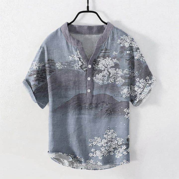 Buddha Stones Cotton Mountain Blossom Pattern Men's Short Sleeve Half Button Shirt - LightSlateGray - US/UK/AU50，EU60 (5XL) - image 3