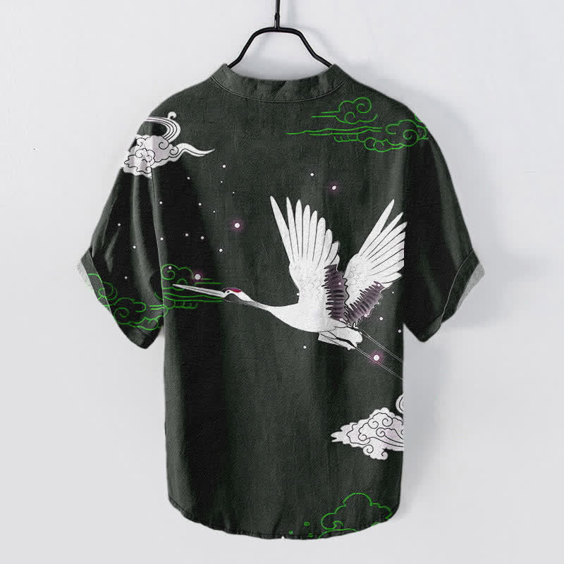 Buddha Stones Cotton Flying Crane Cloud Pattern Men's Short Sleeve Half Button Shirt - image 6