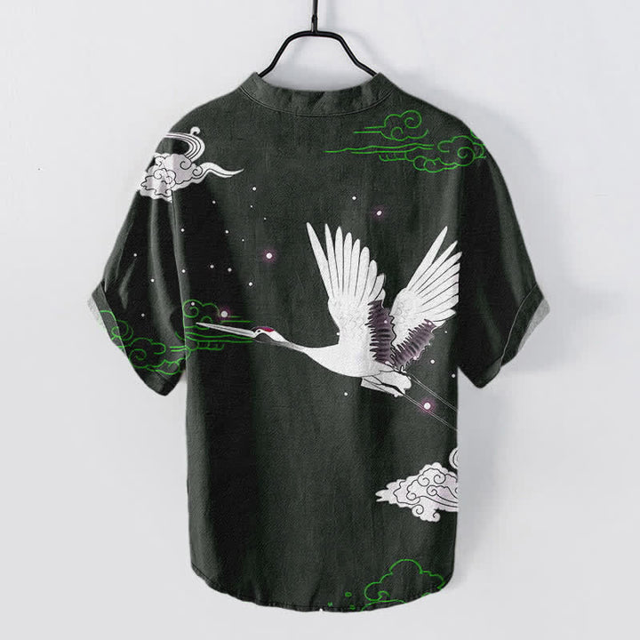 Buddha Stones Cotton Flying Crane Cloud Pattern Men's Short Sleeve Half Button Shirt - image 6