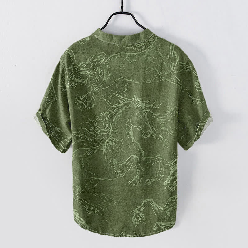 Buddha Stones Cotton Running Horse Line Pattern Men's Short Sleeve Half Button Shirt - image 1
