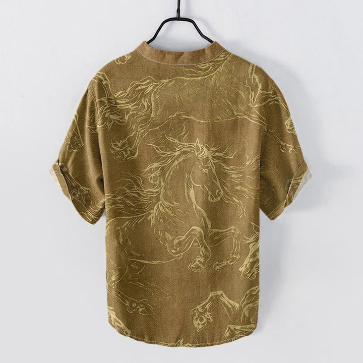 Buddha Stones Cotton Running Horse Line Pattern Men's Short Sleeve Half Button Shirt - image 4