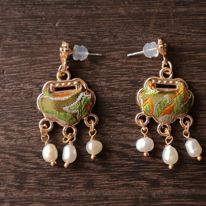 Buddha Stones Song Brocade Handcrafted Silk Art Peace Lock Pearl Protection Drop Earrings - image 3
